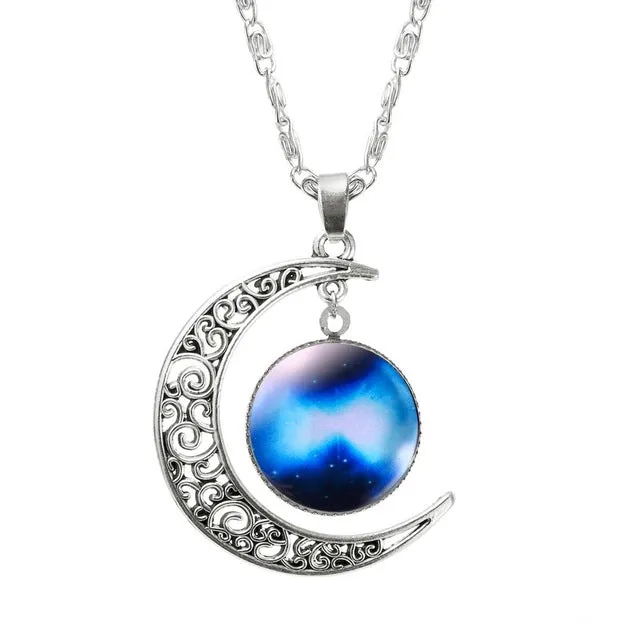 1 Pcs Hollow Moon & Glass Galaxy Statement Necklaces Silver Chain Pendants 2016 New Fashion Jewelry Collares Friend Best Gifts