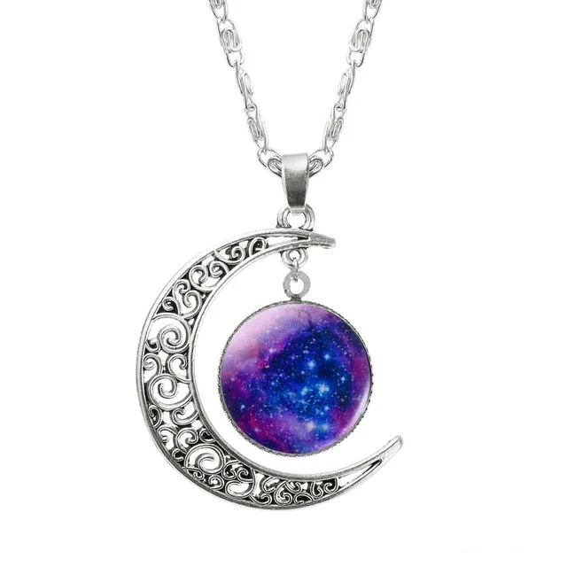 1 Pcs Hollow Moon & Glass Galaxy Statement Necklaces Silver Chain Pendants 2016 New Fashion Jewelry Collares Friend Best Gifts