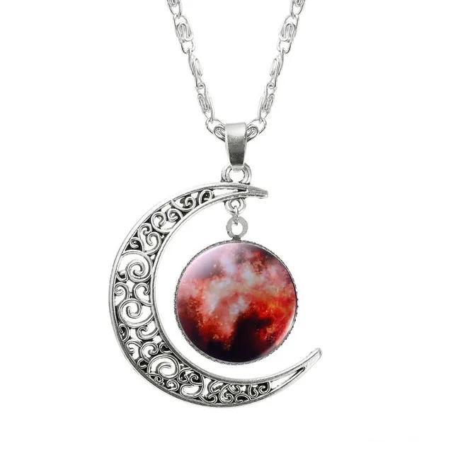 1 Pcs Hollow Moon & Glass Galaxy Statement Necklaces Silver Chain Pendants 2016 New Fashion Jewelry Collares Friend Best Gifts