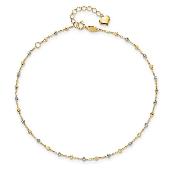 14K TT Gold Dia Cut 11" Beaded Ankle Bracelet