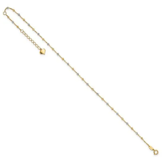 14K TT Gold Dia Cut 11" Beaded Ankle Bracelet