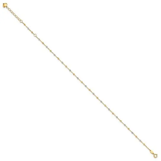 14K TT Gold Dia Cut 11" Beaded Ankle Bracelet