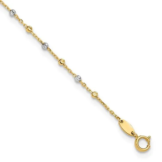 14K TT Gold Dia Cut 11" Beaded Ankle Bracelet