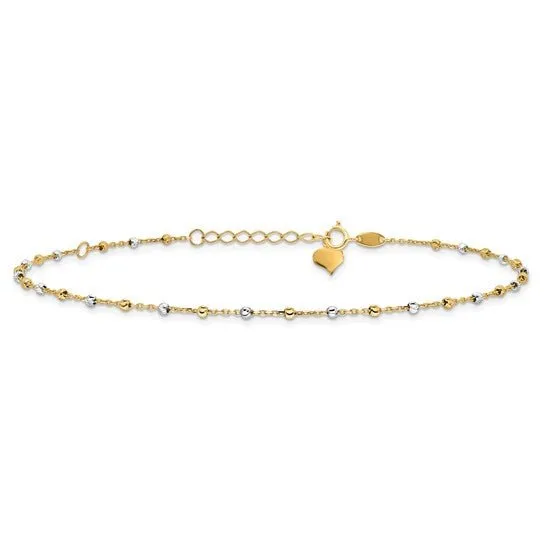 14K TT Gold Dia Cut 11" Beaded Ankle Bracelet