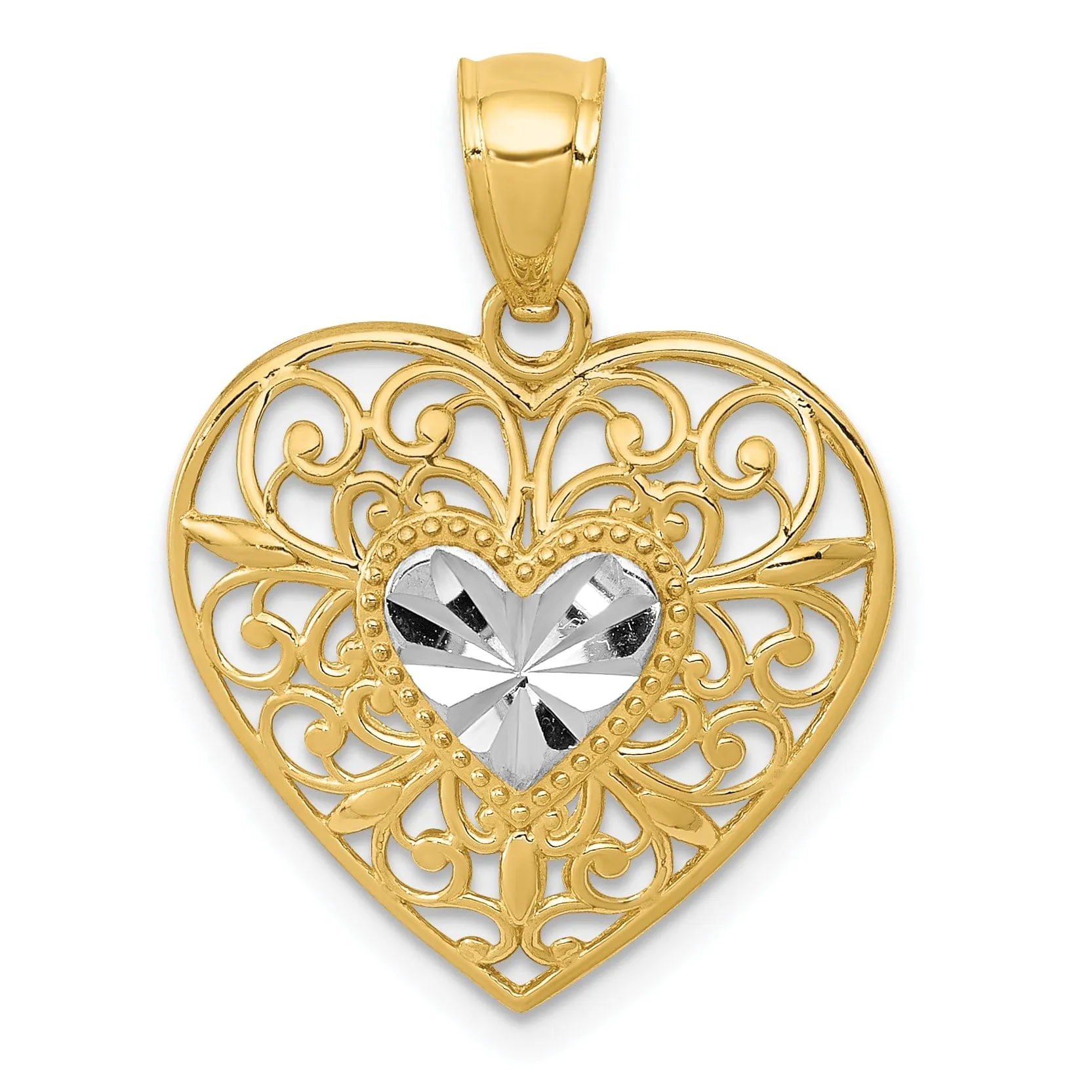 14k Two Tone Gold Filigree Heart Pendant