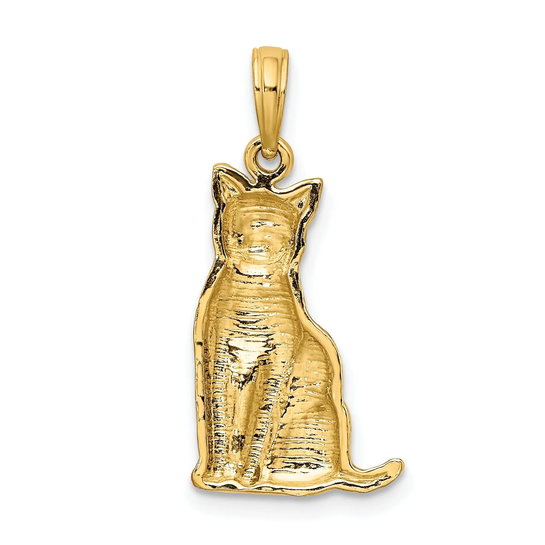 14K Yellow Gold Polished Textured Finish Sitting Cat Charm Pendant