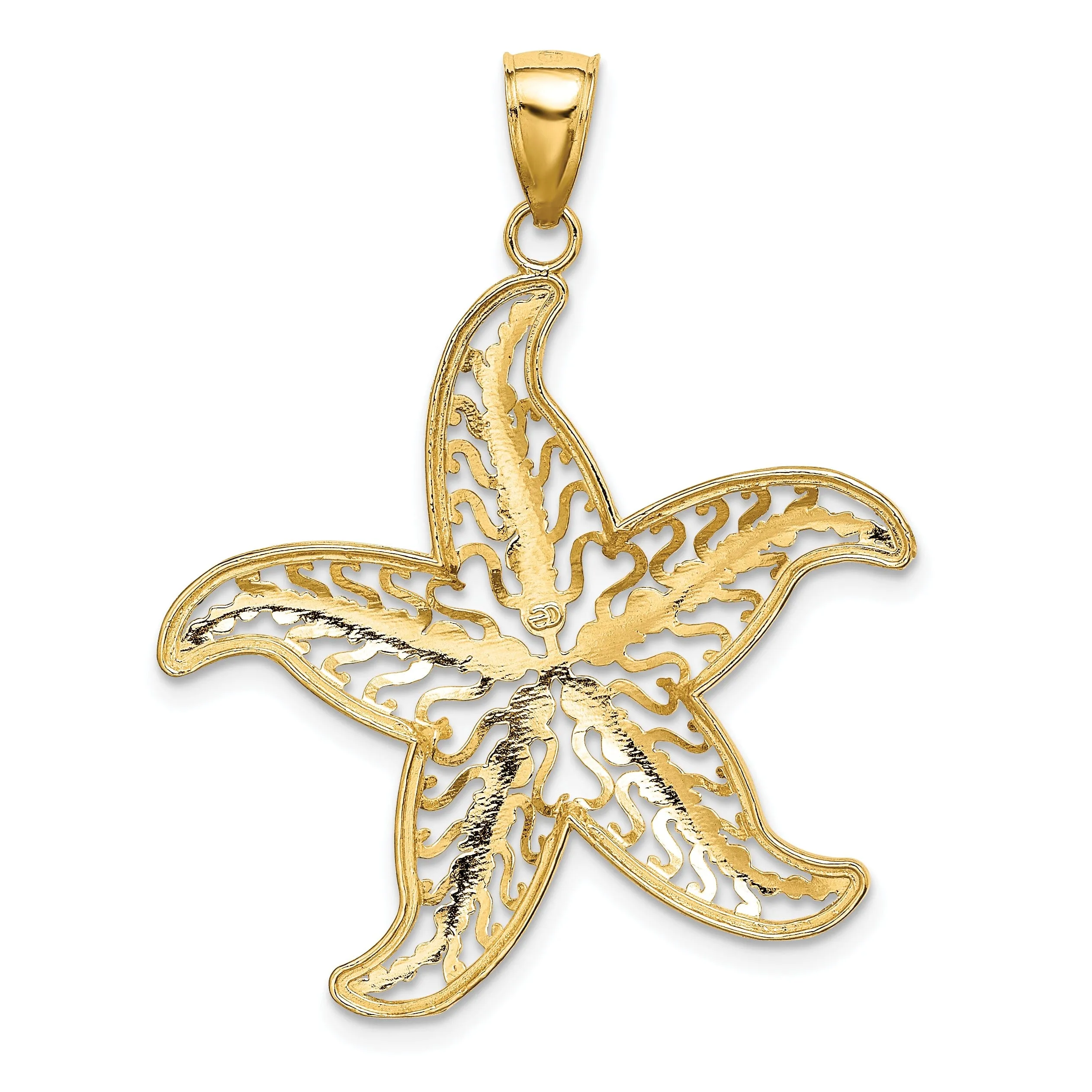 14K Yellow Gold White Rhodium Texture Polished Finish Starfish Filigree Design Charm Pendant