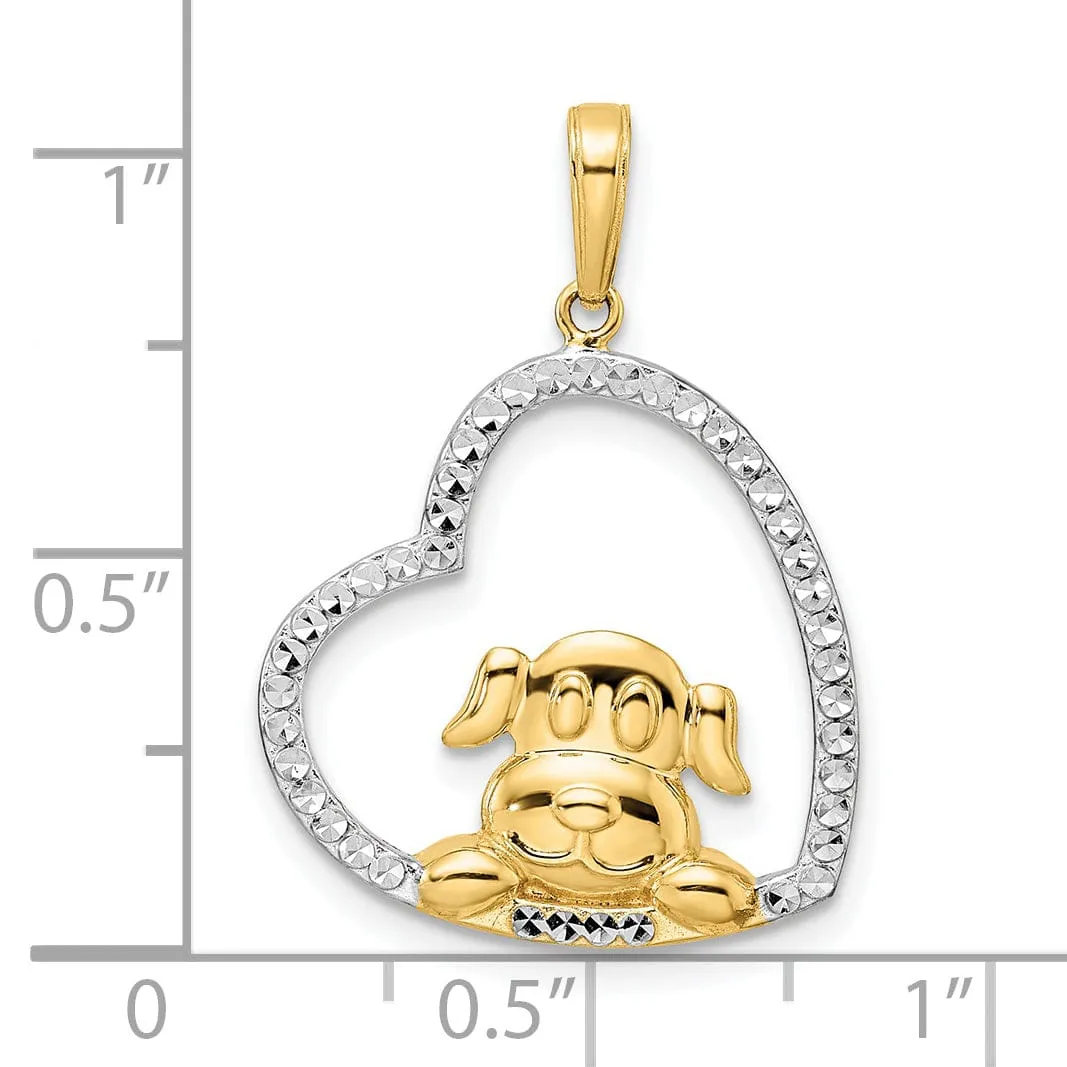 14k Yellow Gold White White Rhodium Open Back Solid Polished Diamond Cut Finish Puppy Dog in Heart Shape Design Charm Pendant