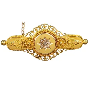 15ct Yellow Gold Diamond Memorial Brooch with Safety Chain & Pin