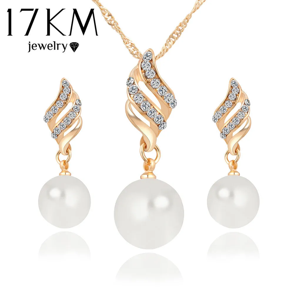 17KM Fashion Women Necklace Earrings Jewelry Sets Crystal Gold Color Big Simulated Pearl Wedding Party Jewelry Sets For Women