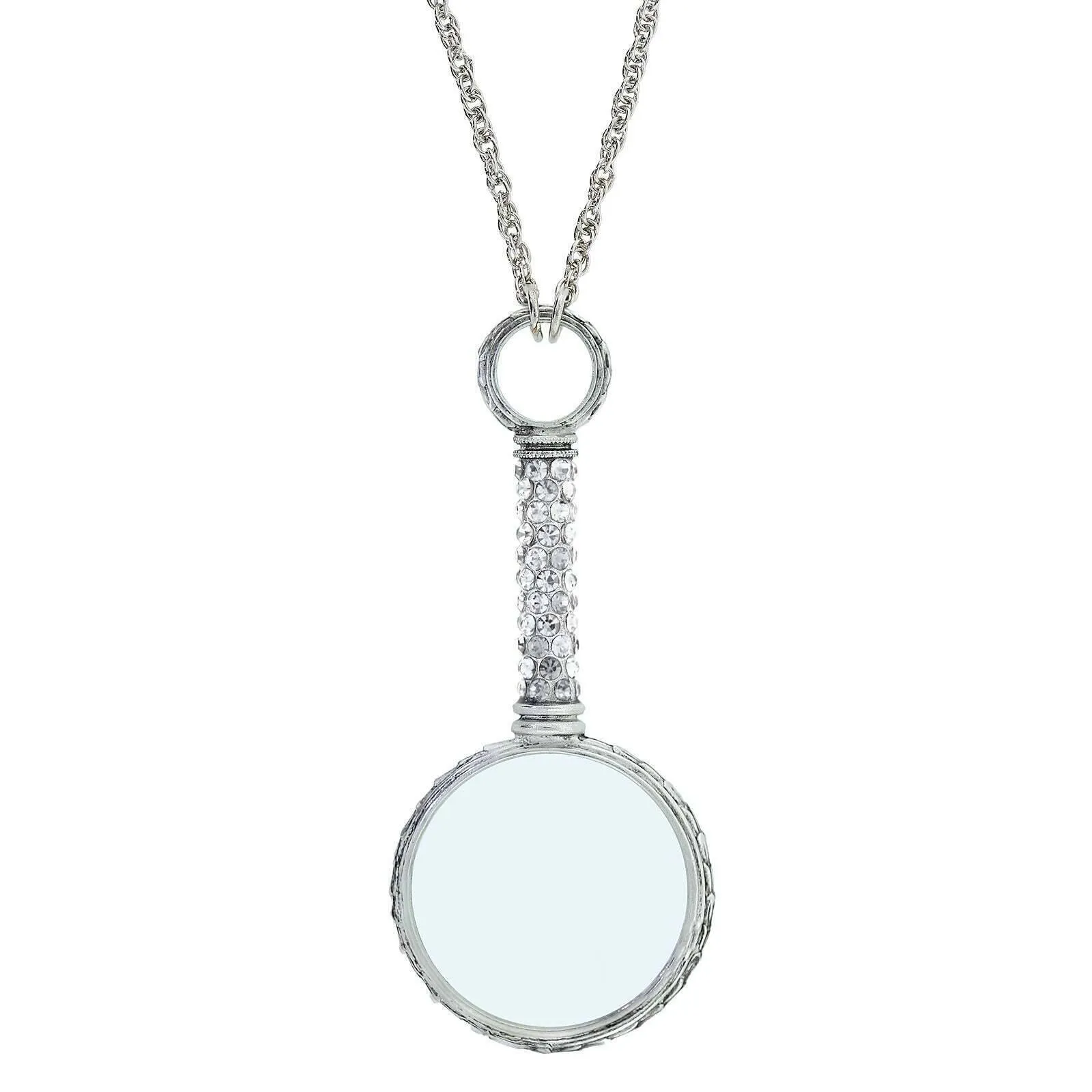 1928 Jewelry Pewter Crystal Magnifying Glass Necklace 30"- Magnification Power: 2-3X