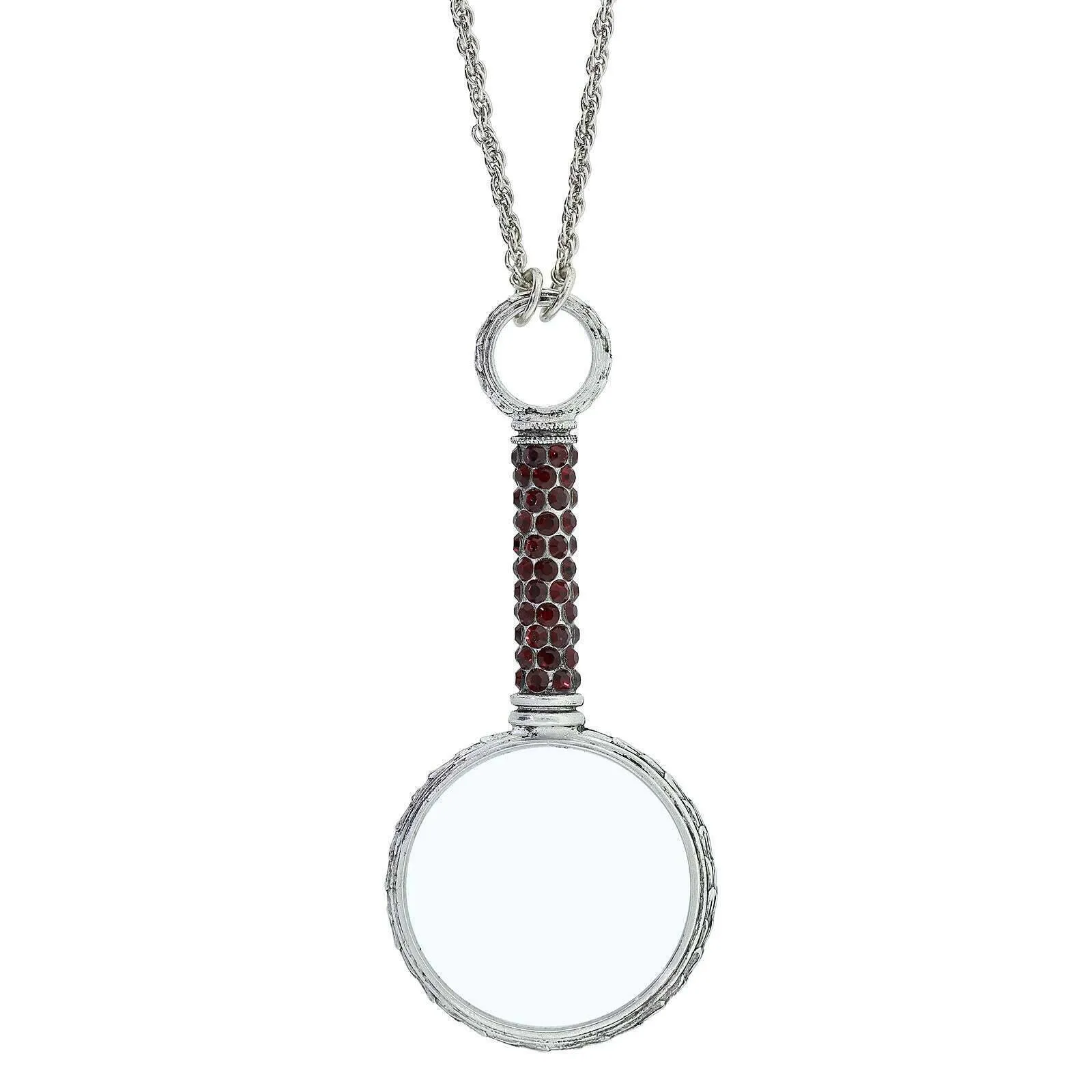 1928 Jewelry Pewter Crystal Magnifying Glass Necklace 30"- Magnification Power: 2-3X