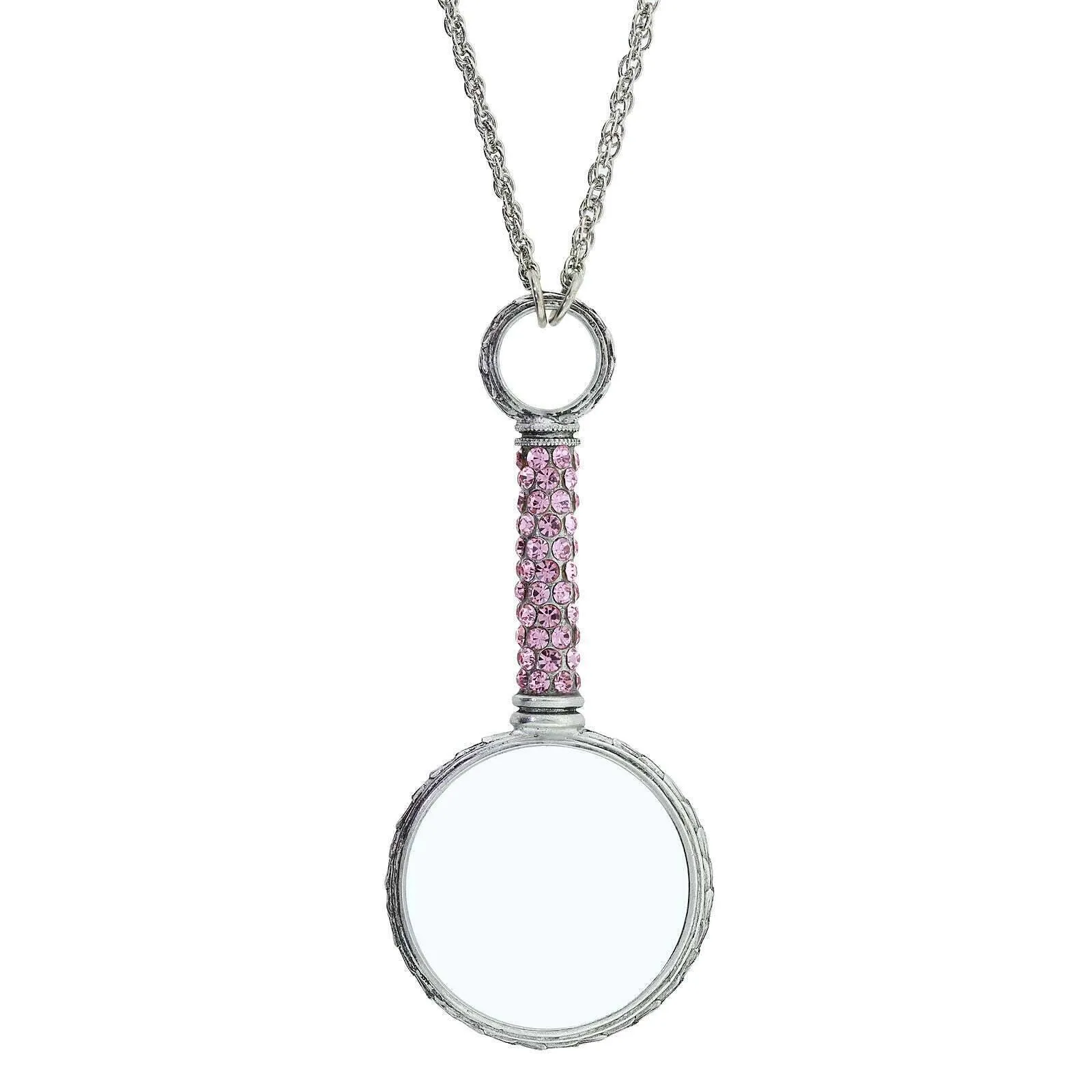 1928 Jewelry Pewter Crystal Magnifying Glass Necklace 30"- Magnification Power: 2-3X