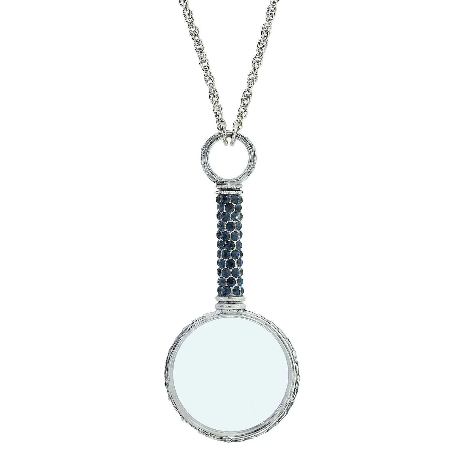 1928 Jewelry Pewter Crystal Magnifying Glass Necklace 30"- Magnification Power: 2-3X