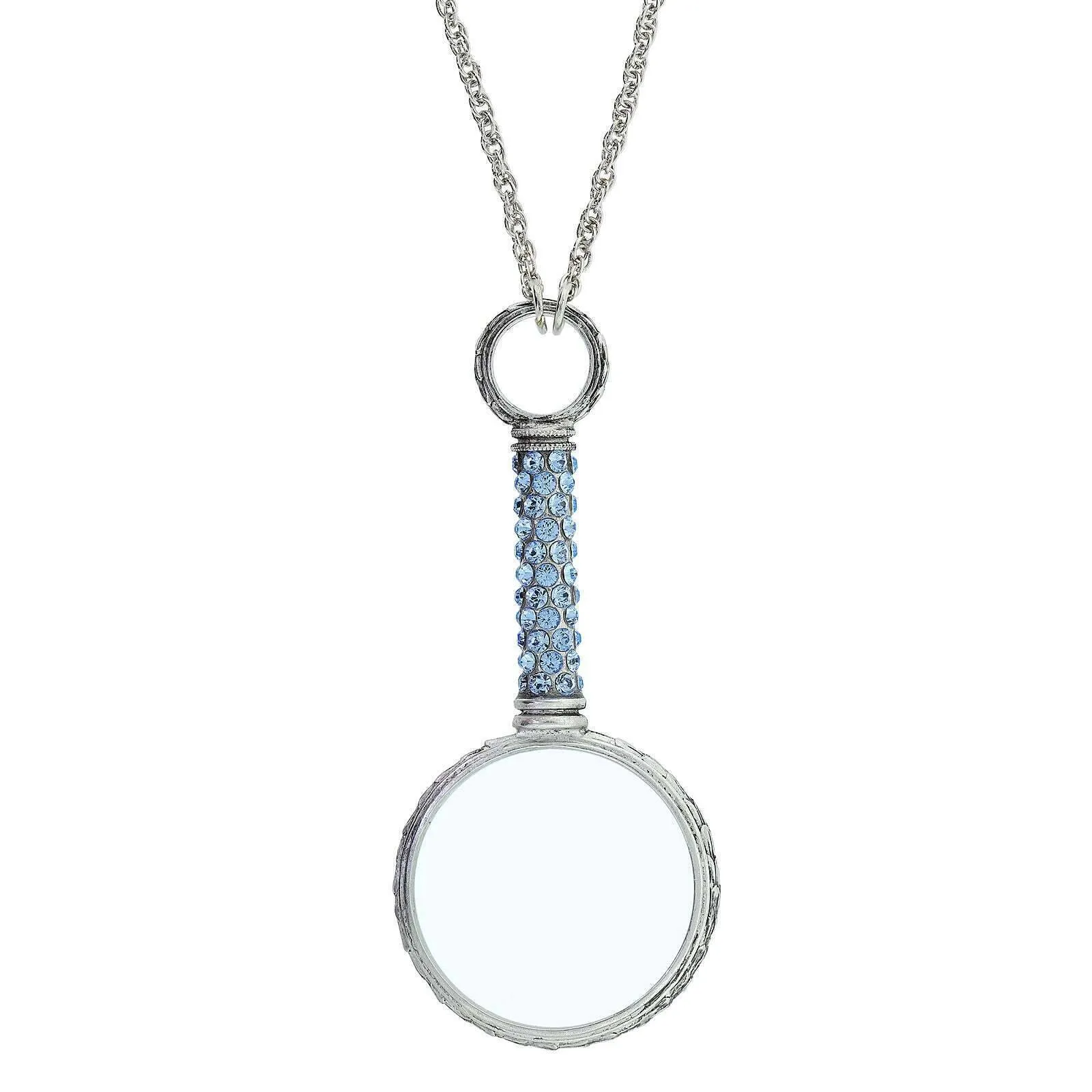 1928 Jewelry Pewter Crystal Magnifying Glass Necklace 30"- Magnification Power: 2-3X