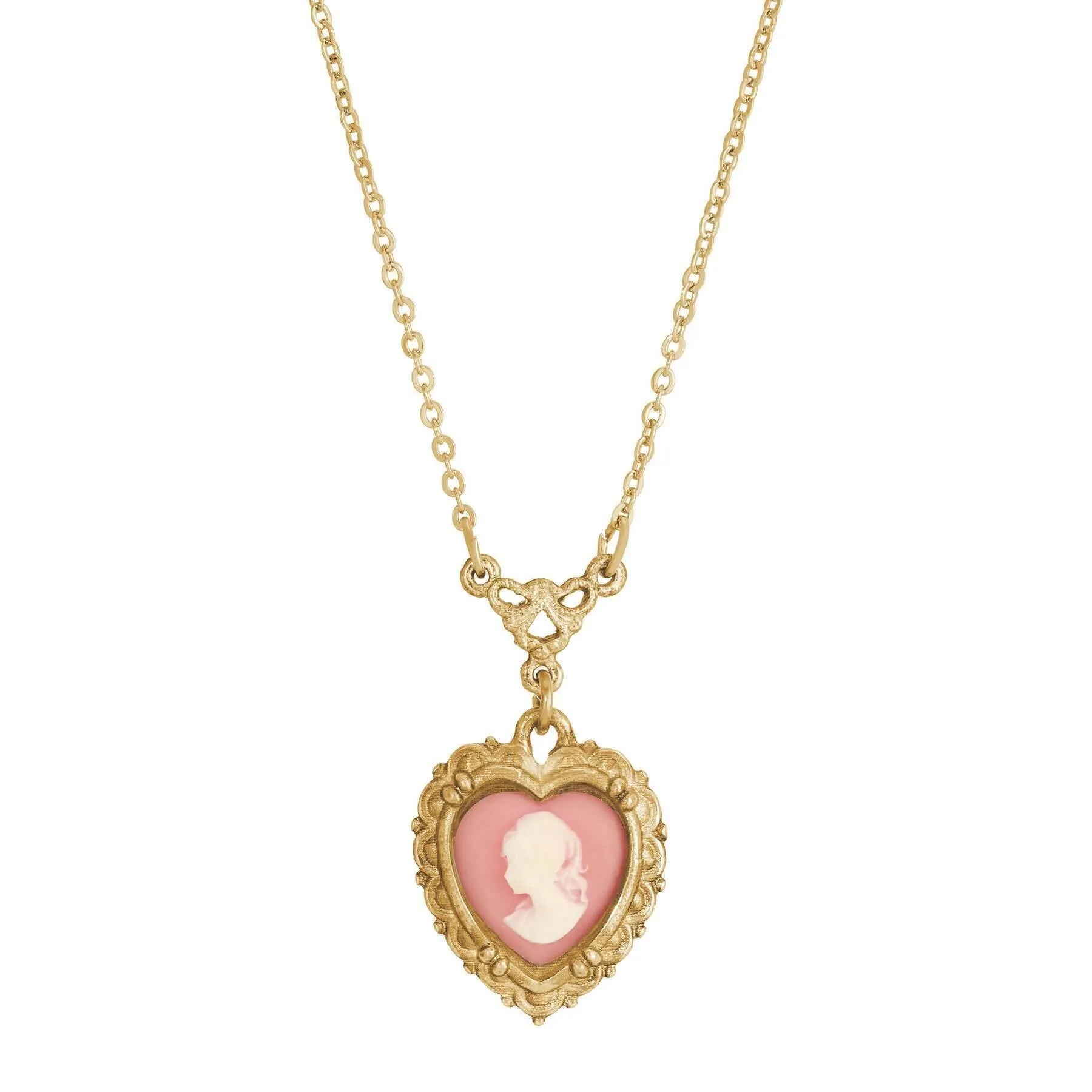 1928 Jewelry Pink Heart Cameo Pendant Necklace 16"   3" Extender