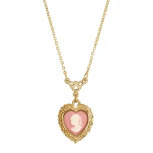 1928 Jewelry Pink Heart Cameo Pendant Necklace 16"   3" Extender