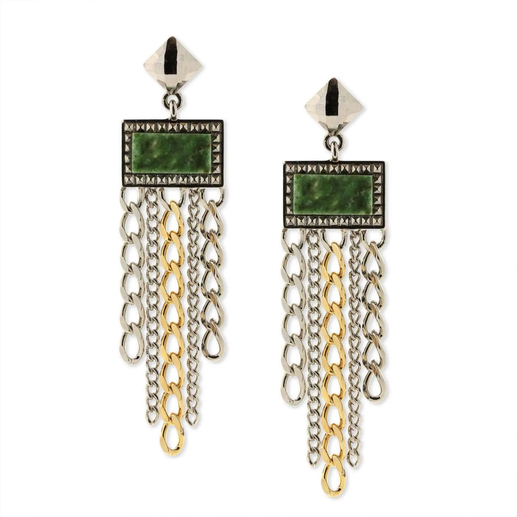 1928 Jewelry Silver & Square Gemstone Multi Chain Drop Earrings