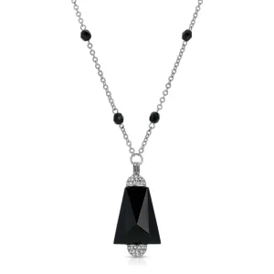 1928 Jewelry Triangular Black Glass Stone Crystal Accent Pendant Necklace 20"