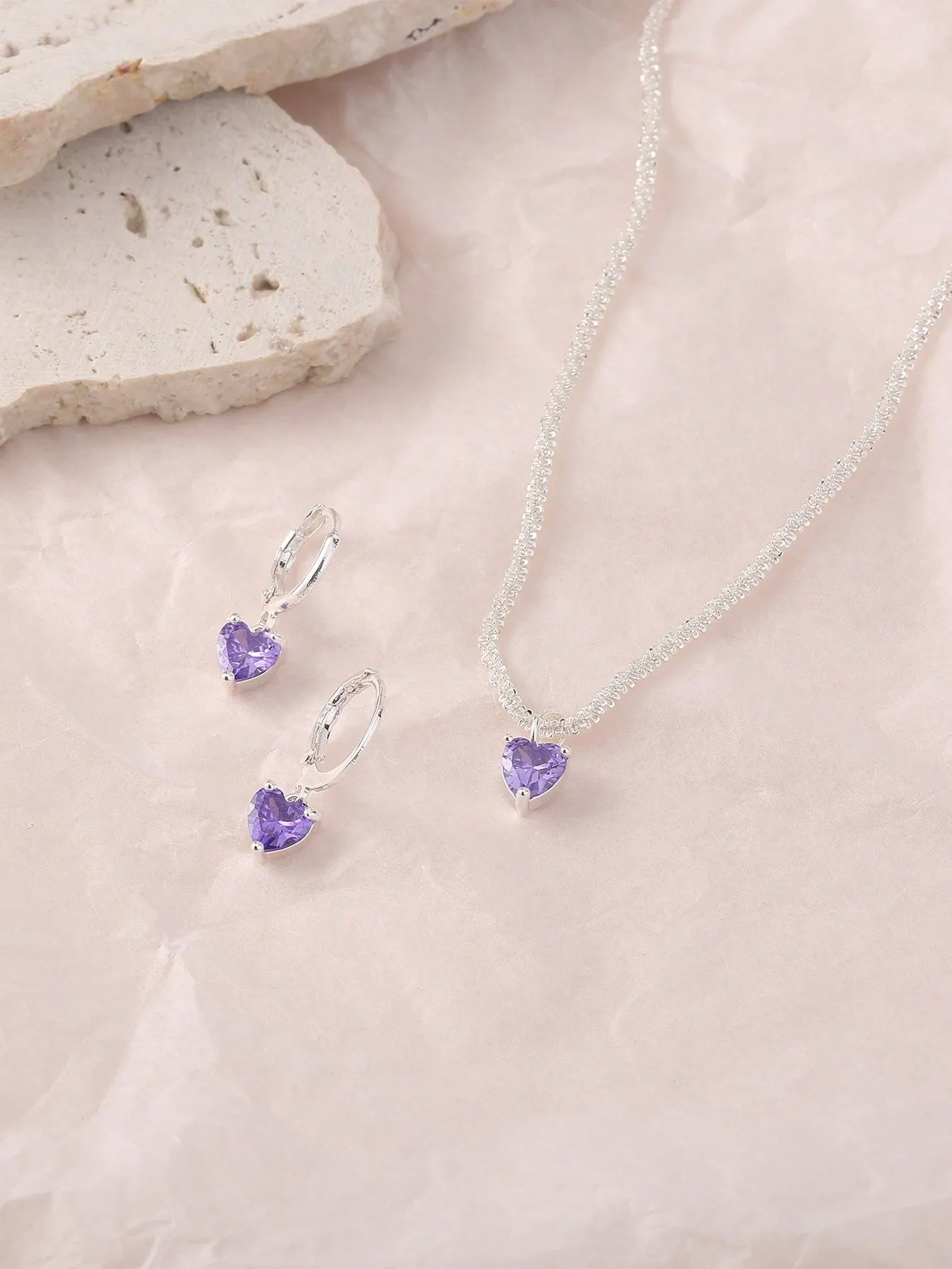 1set Glittering Caterpillar Chain & Purple Love Heart Cubic Zirconia Pendant