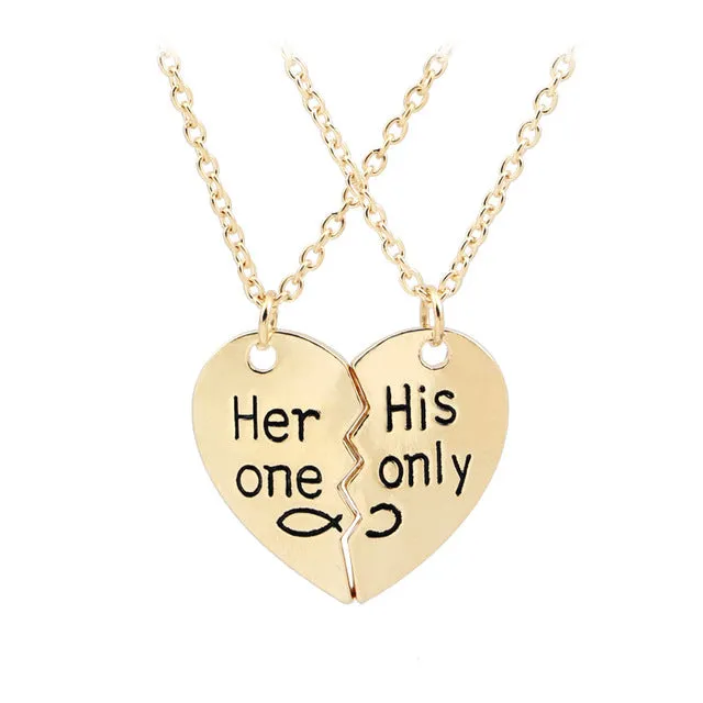 2 Pcs"Her one His Only" 2017 Valentine's Day Lettering Necklaces Fashion Broken Heart Pendant Couple Necklaces For Lovers Gifts