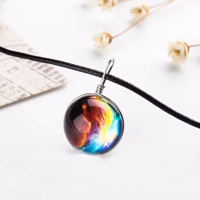 2017 Duplex Planet Crystal Stars Ball Glass Galaxy Pattern Leather Chain Pendants Maxi Necklace Glass Galaxy Lovely Necklace