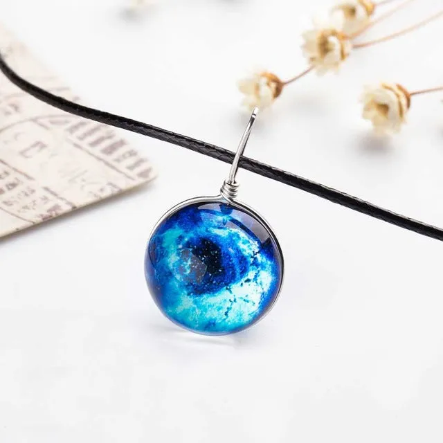 2017 Duplex Planet Crystal Stars Ball Glass Galaxy Pattern Leather Chain Pendants Maxi Necklace Glass Galaxy Lovely Necklace