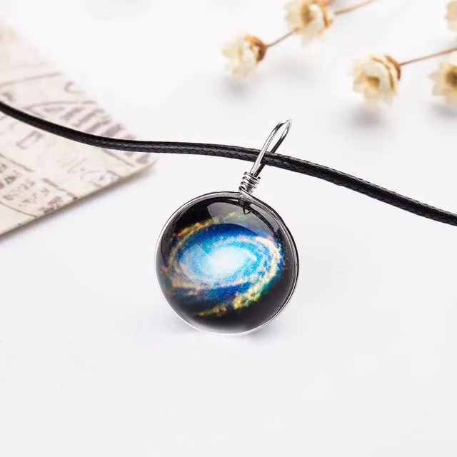 2017 Duplex Planet Crystal Stars Ball Glass Galaxy Pattern Leather Chain Pendants Maxi Necklace Glass Galaxy Lovely Necklace