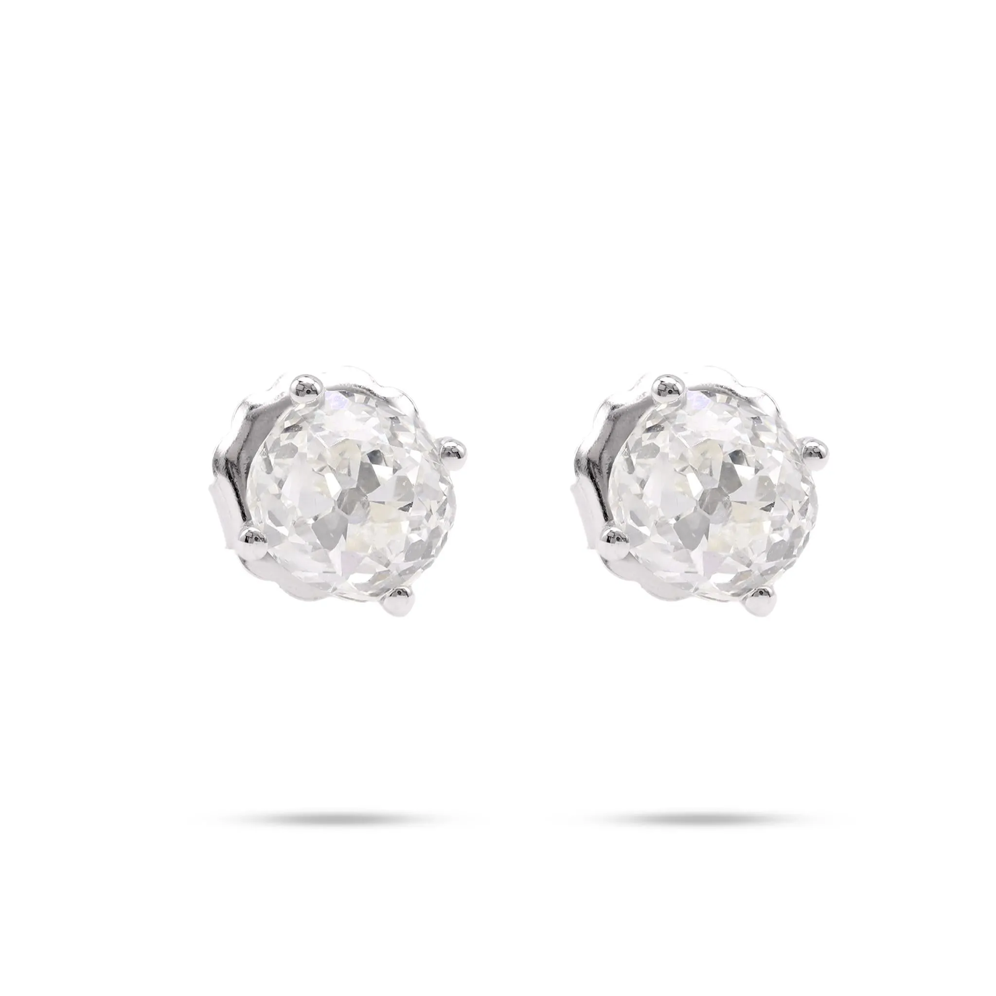 2.37 Carat Old Mine Cut Diamond 14K White Gold Stud Earrings