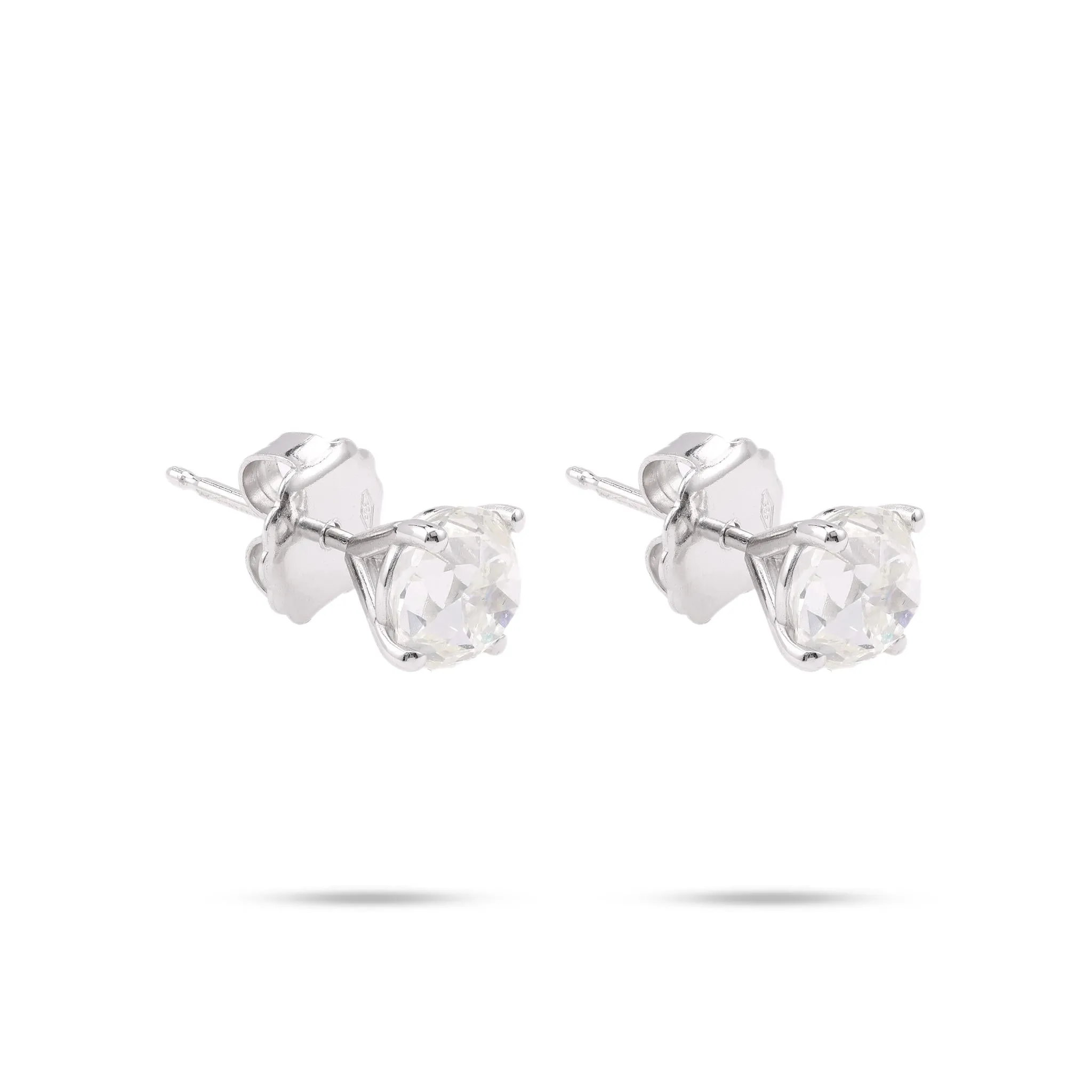 2.37 Carat Old Mine Cut Diamond 14K White Gold Stud Earrings