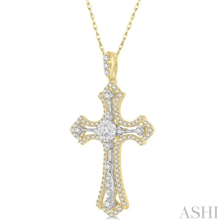 3/4 Ctw Lovebright Round Cut Diamond Cross Pendant in 14K Yellow and White Gold