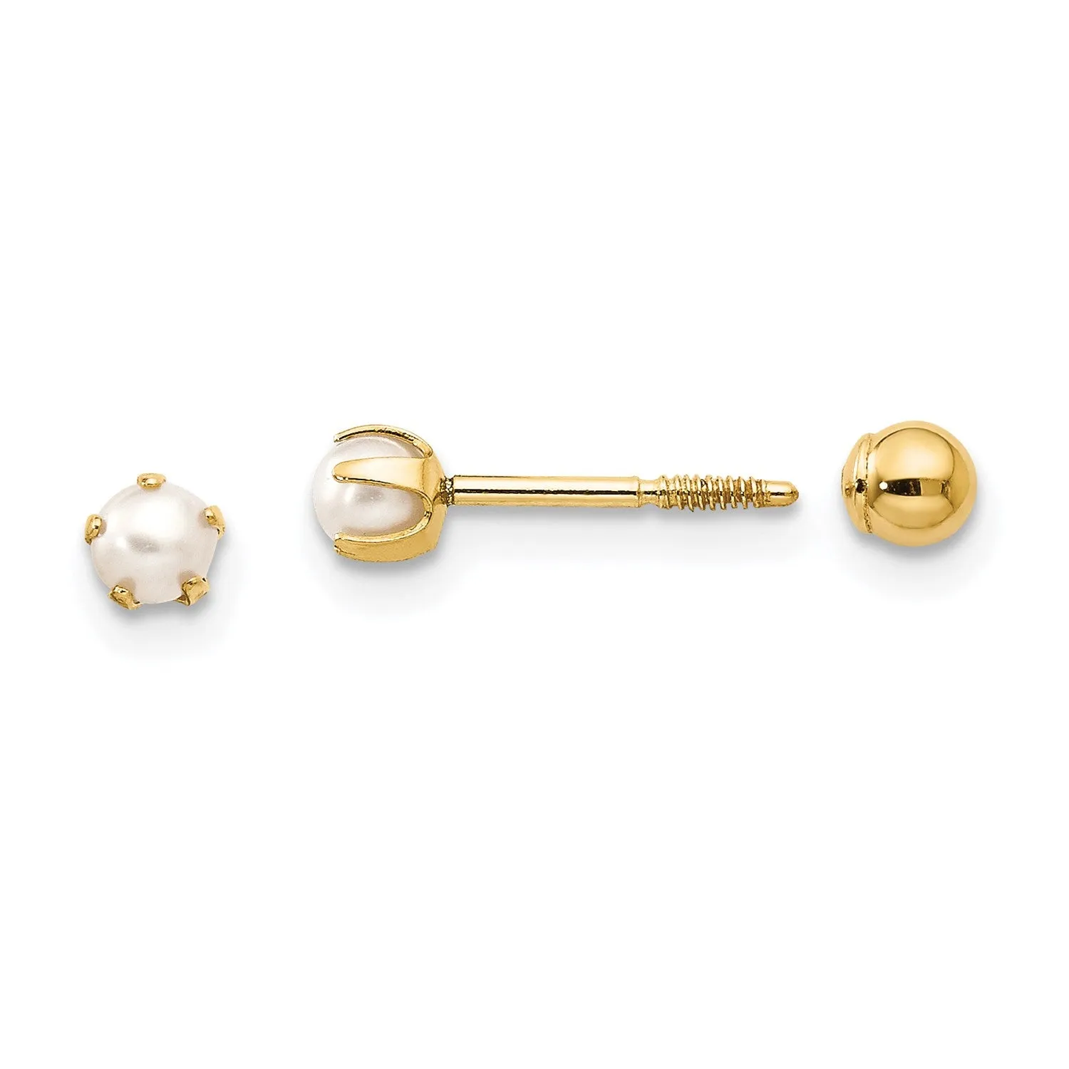 3MM Round Pearl Reversible Ball Stud Earrings in 14KT Yellow Gold