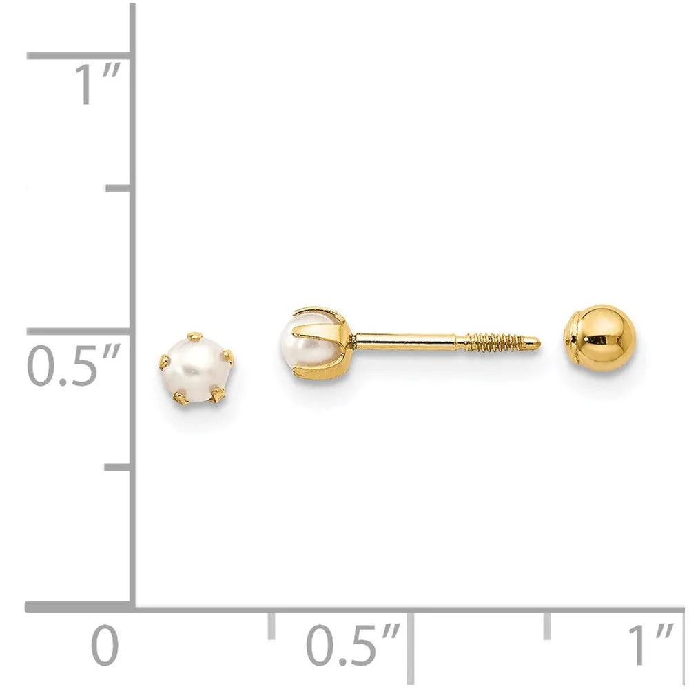 3MM Round Pearl Reversible Ball Stud Earrings in 14KT Yellow Gold