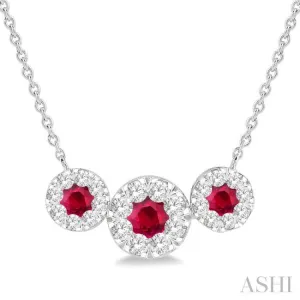 5/8 ctw Tri Stone 3.80MM & 3MM Ruby and Round Cut Diamond Precious Necklace in 14K White Gold