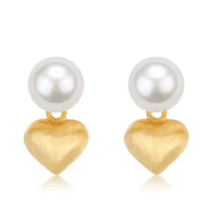 6-7mm White Freshwater Pearl & Heart Gold Earrings