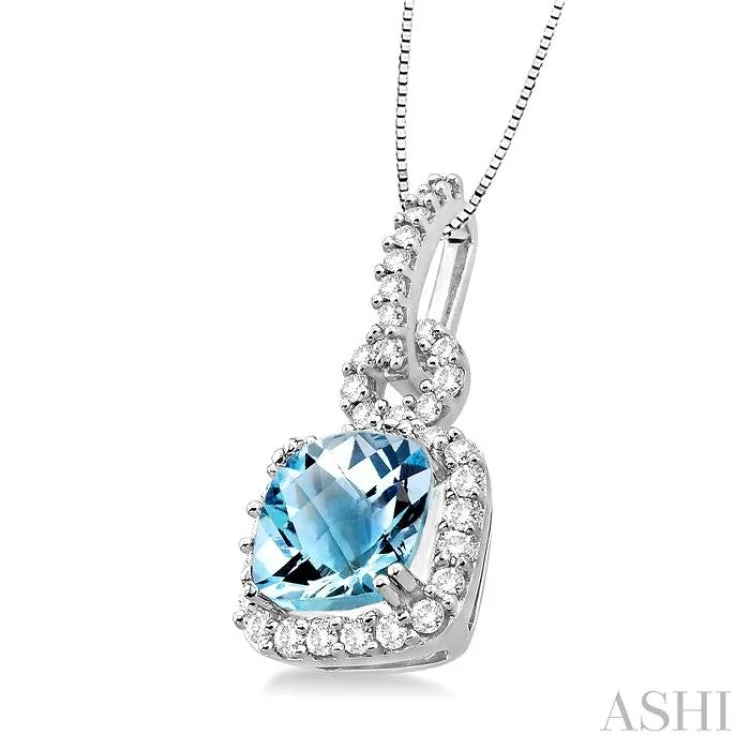 7mm Cushion Cut Aquamarine and 3/8 Ctw Round Cut Diamond Pendant in 14K White Gold with Chain