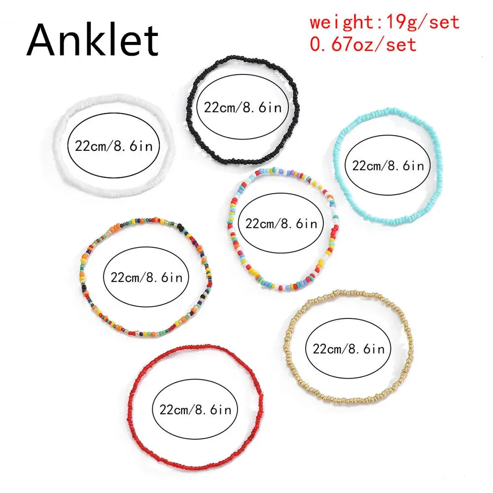 7Pcs/Set Bohemian Multicolor Beaded Chain Anklet Bracelet Set for