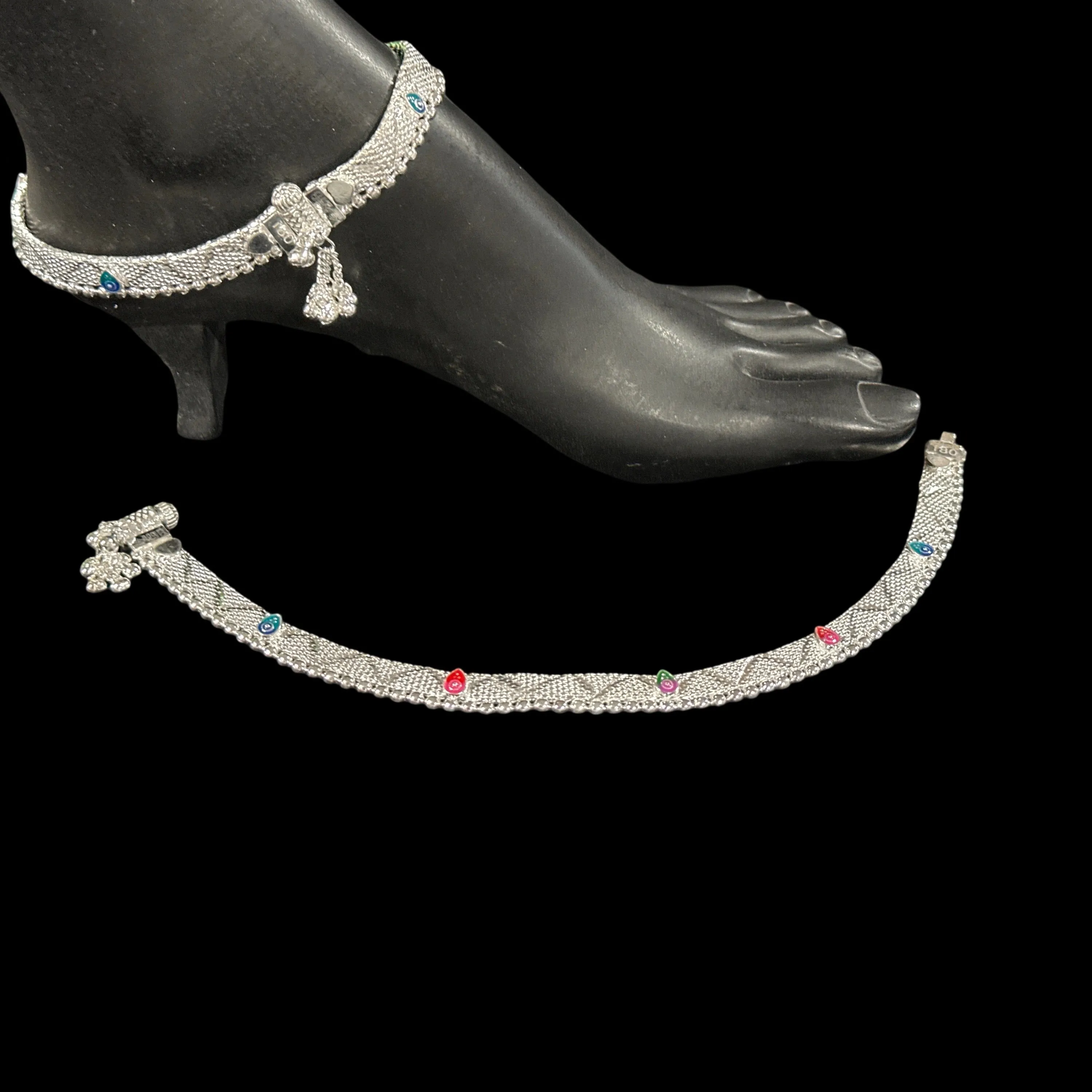 800 Silver Rajwada Hallmarked Pajeb Anklet with Meena - Style #06