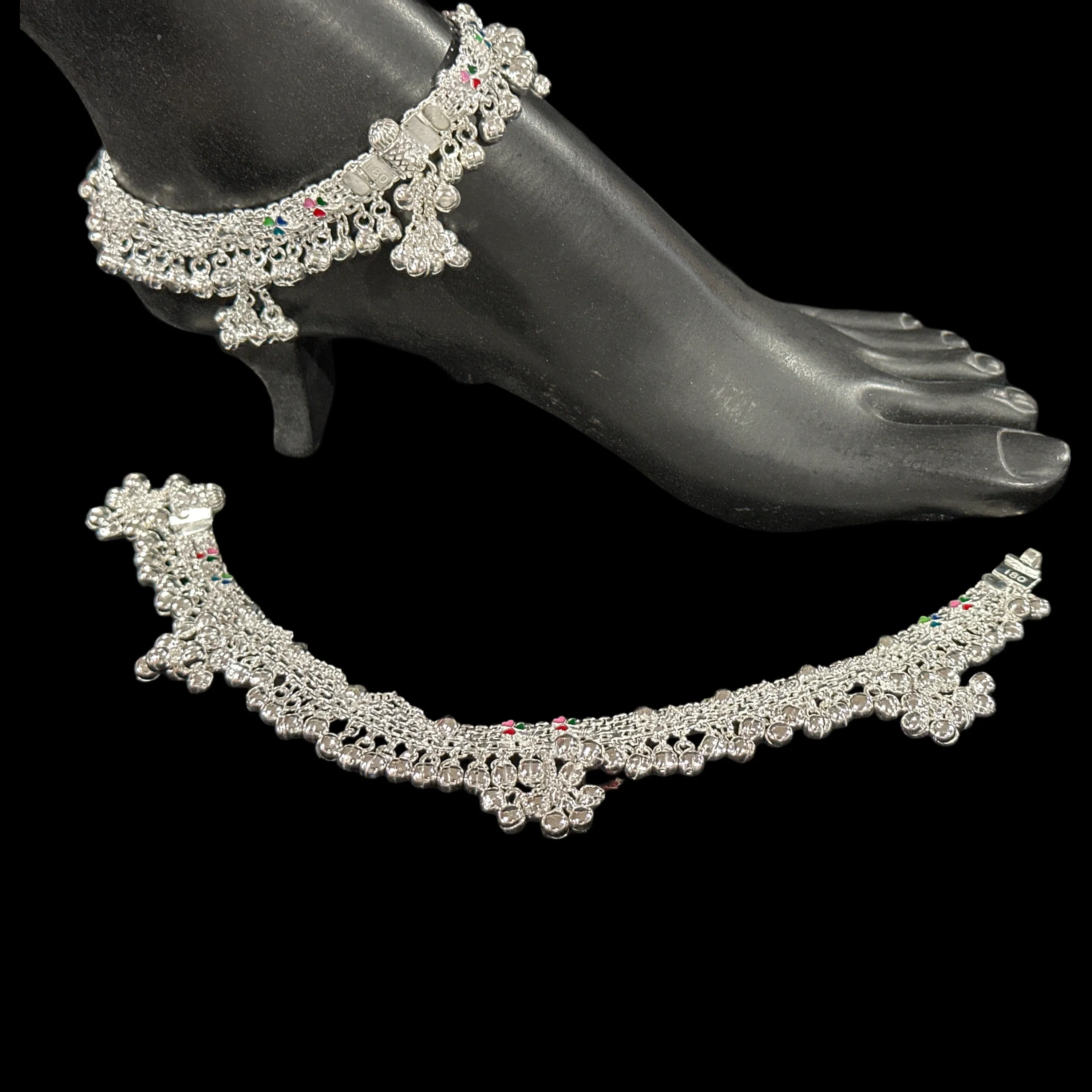 800 Silver Rajwada  Rajwada Pajeb / Anklet with Meena - Style #03