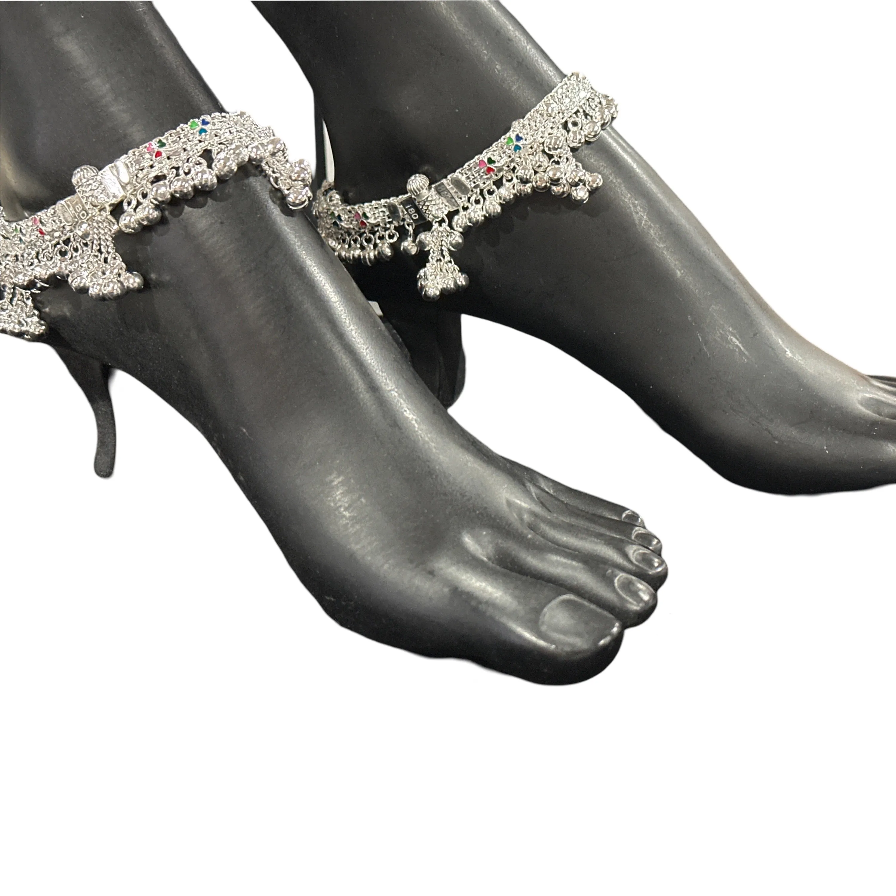 800 Silver Rajwada  Rajwada Pajeb / Anklet with Meena - Style #03