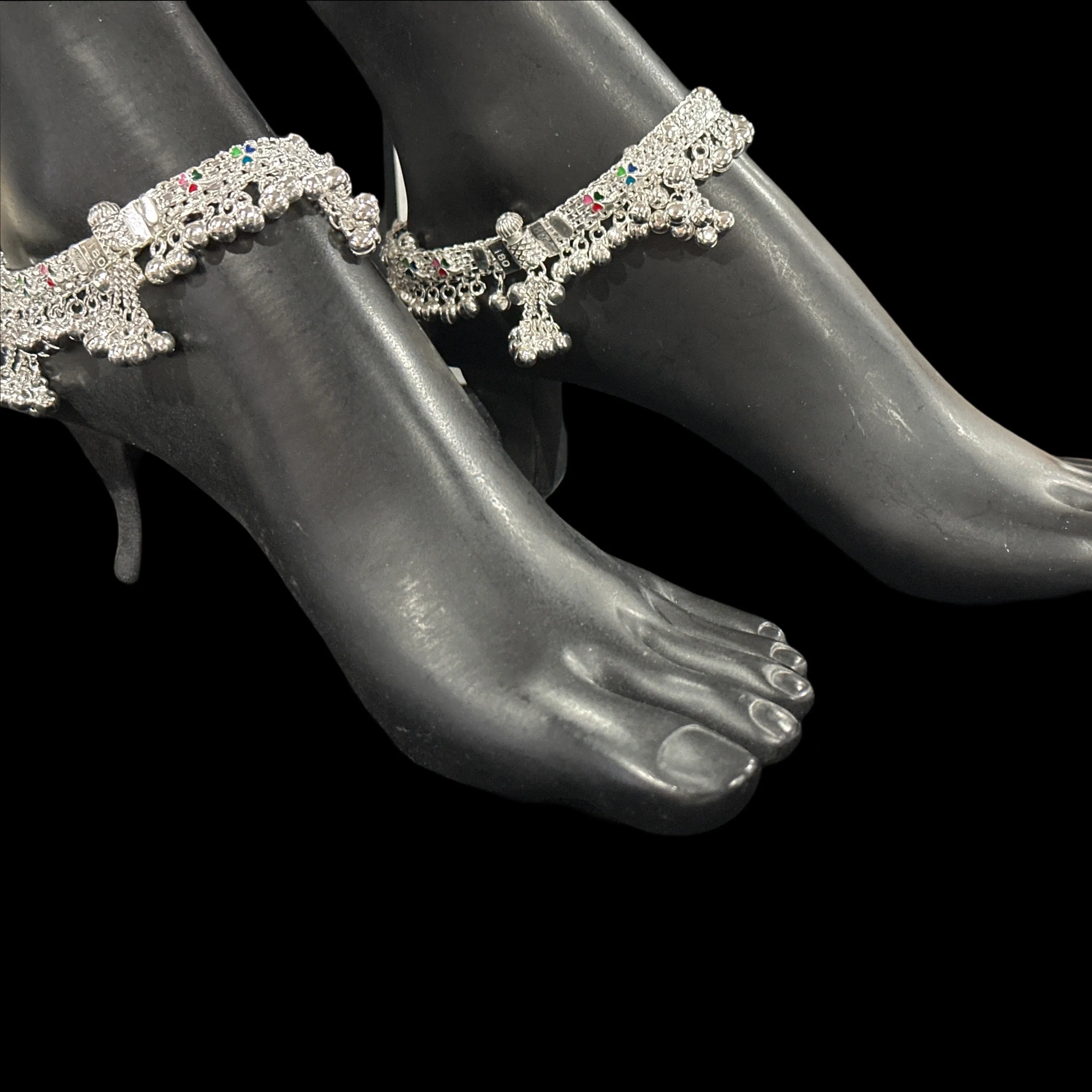 800 Silver Rajwada  Rajwada Pajeb / Anklet with Meena - Style #03