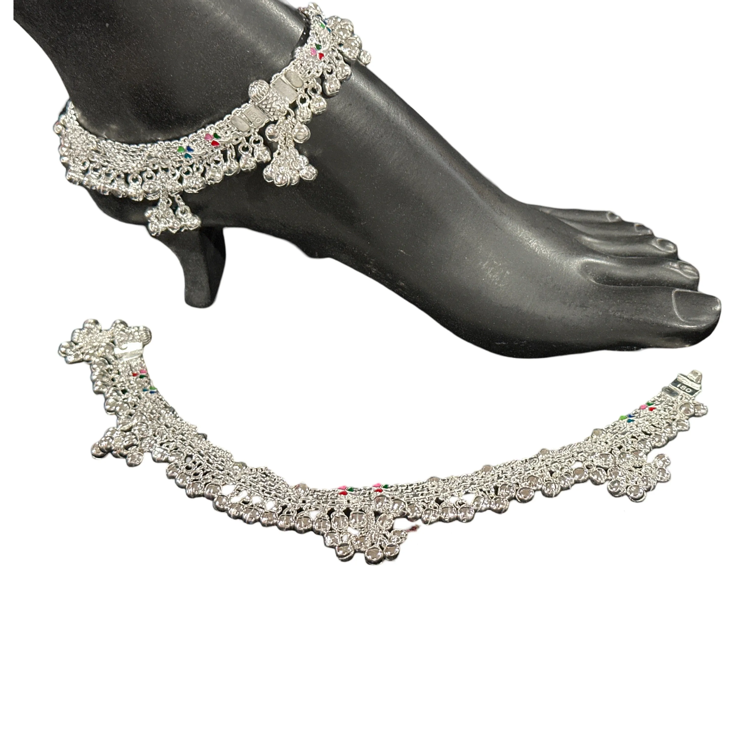 800 Silver Rajwada  Rajwada Pajeb / Anklet with Meena - Style #03