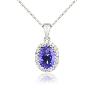 9K White Gold Oval Tanzanite & Diamond Halo Pendant