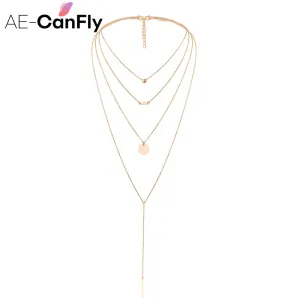 AE-CANFLY Fashion Gold Multilayer Chain Simple Metal Long Necklaces & Pendants for Women 2L2028