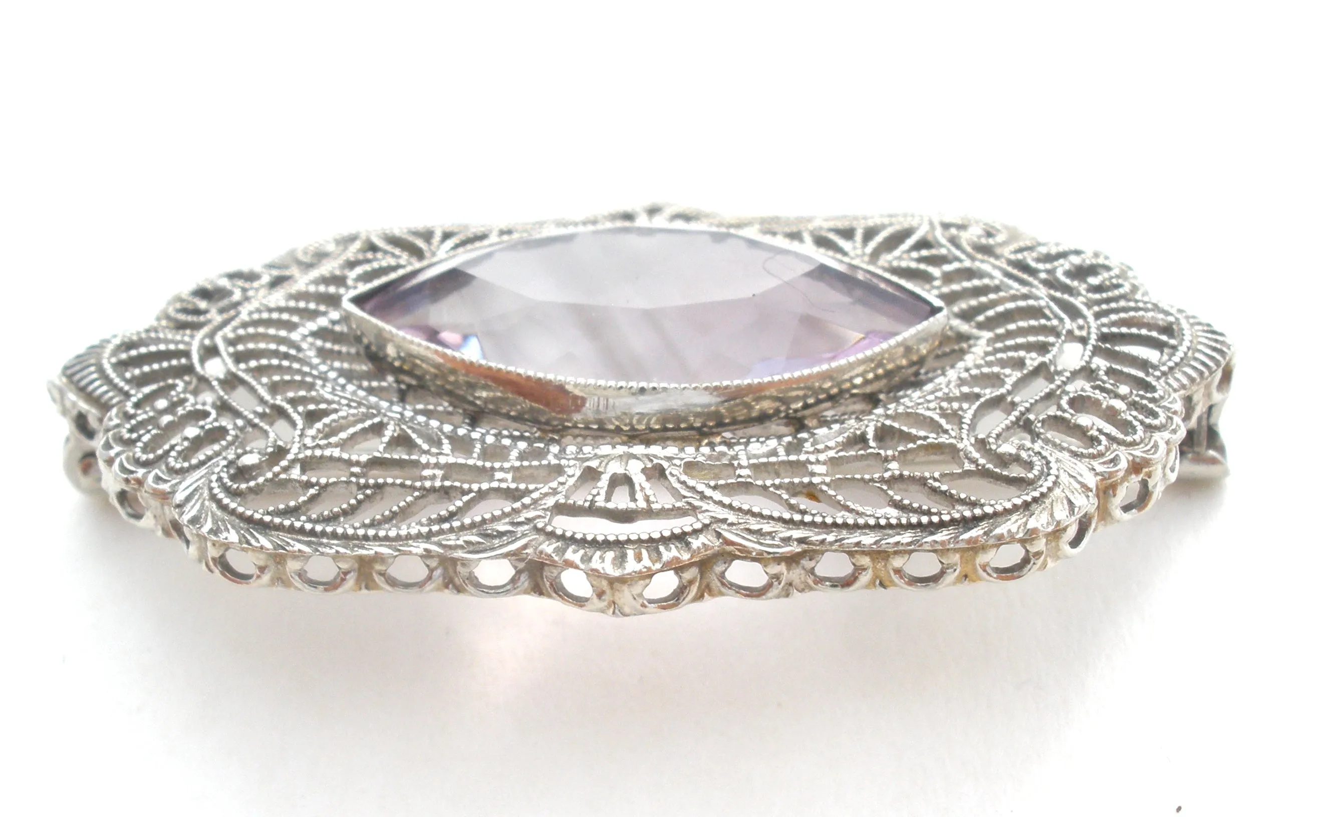 Antique 10K White Gold Amethyst Brooch Pin