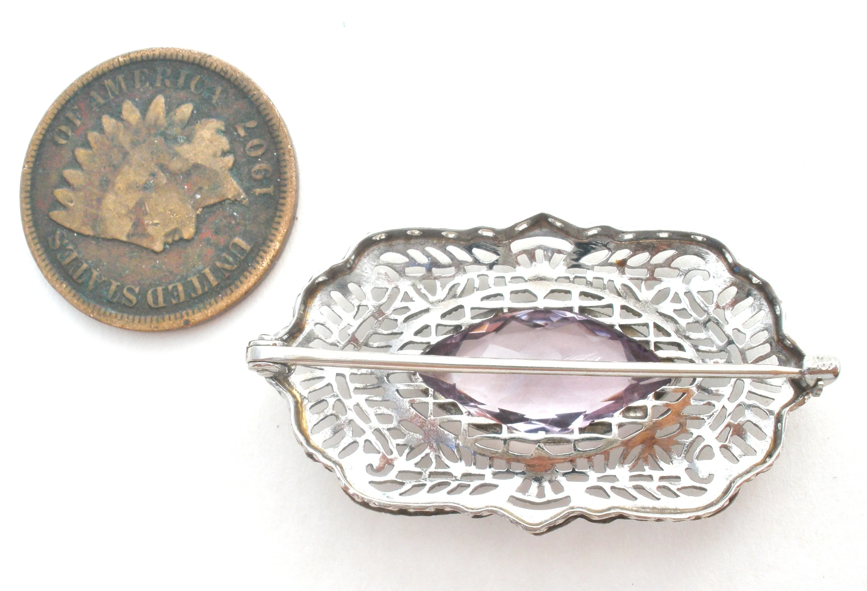 Antique 10K White Gold Amethyst Brooch Pin