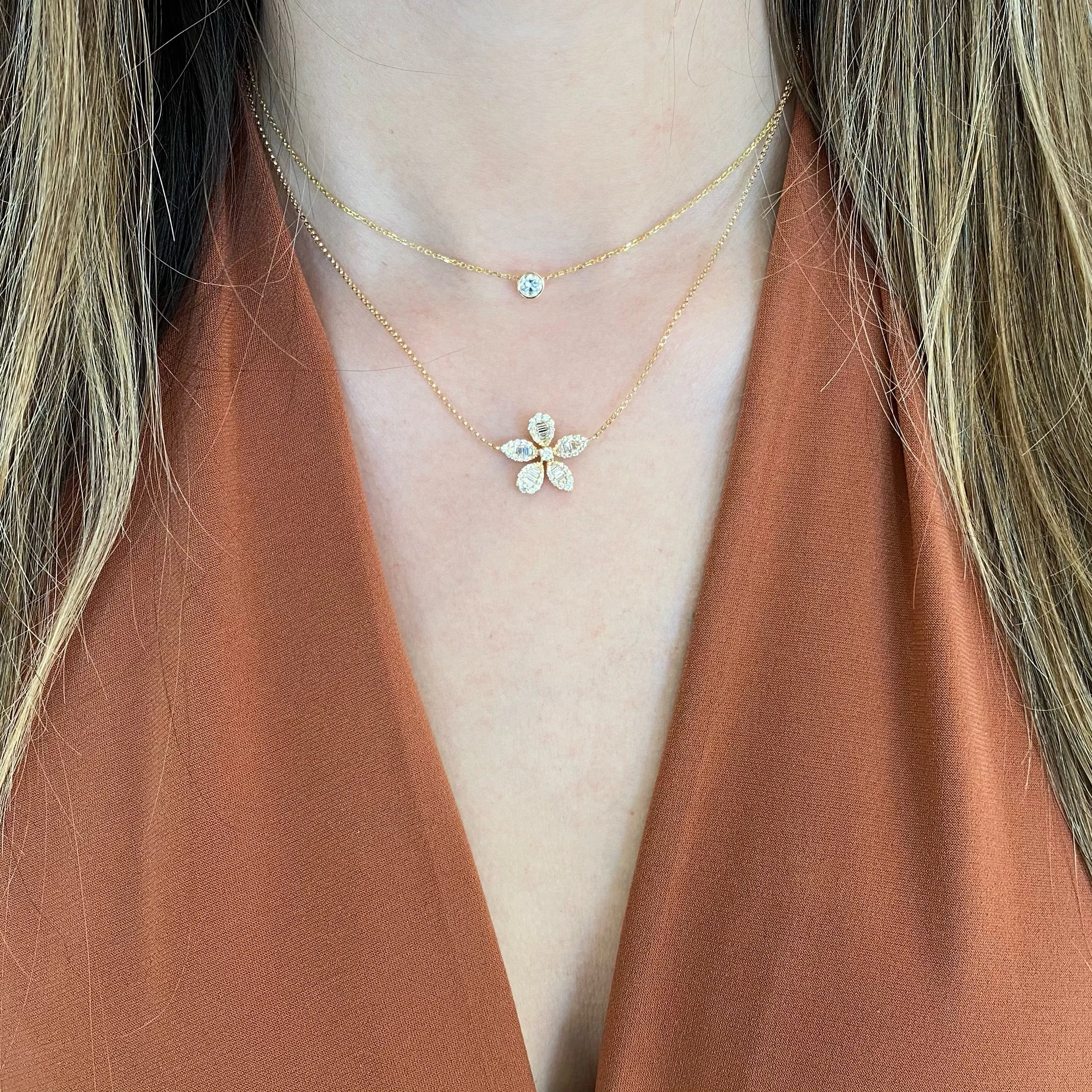 Baguette Diamond Flower Necklace