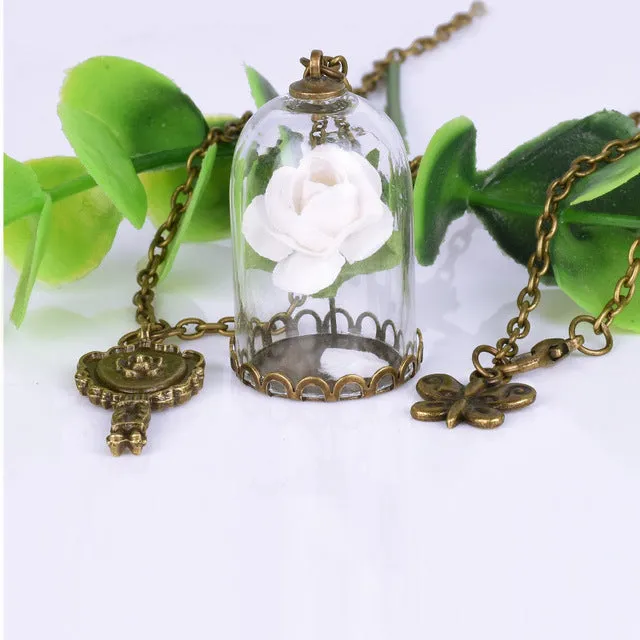 Beauty and the Beast Necklace Rose in Terrarium Pendant His Beauty/Her Beast Valentines Day,Fairy Tale Movie Victorian Jewelry