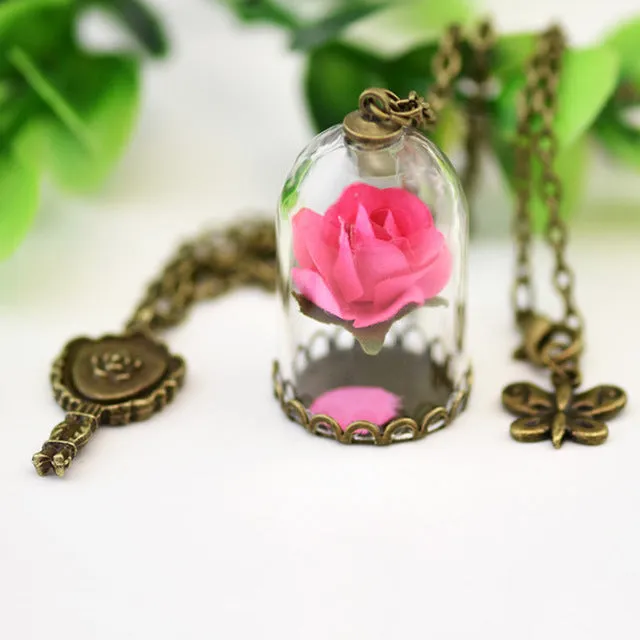 Beauty and the Beast Necklace Rose in Terrarium Pendant His Beauty/Her Beast Valentines Day,Fairy Tale Movie Victorian Jewelry