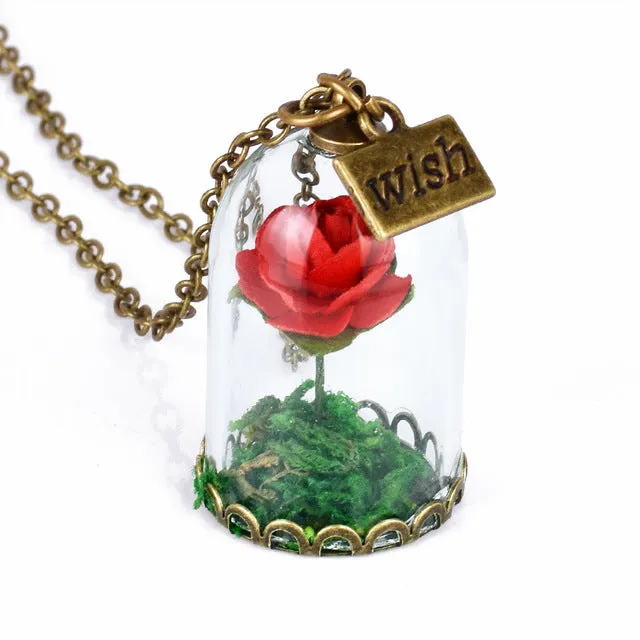 Beauty and the Beast Necklace Rose in Terrarium Pendant His Beauty/Her Beast Valentines Day,Fairy Tale Movie Victorian Jewelry